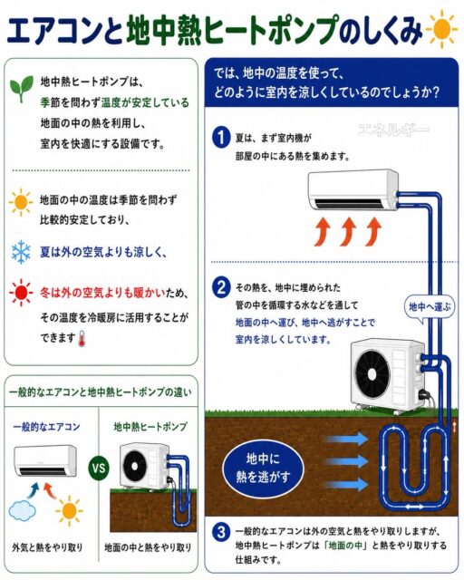 🌱入社して驚いたこと～地中熱ヒートポンプ編～🌏

こんにちは！AtomsWorldのもっちーです。

今回の「入社して驚いたこと」は、弊社のZEB社屋にも導入されている地中熱ヒートポンプについてご紹介します😊

地中熱ヒートポンプは、季節を問わず温度が安定している地面の中の熱を利用し、少ないエネルギーで効率よく冷暖房を行い、室内を快適にする設備です。地面の中の温度は季節を問わず比較的安定しており、地表から10mより深い場所ではその地域の年平均気温に近い温度になります。
AtomsWorldビルディングでは、尼崎市の年平均気温である約17.1℃に近い地中の熱を冷暖房に活用しています🌡️

では、地中の温度を使って、どのように室内を涼しくしているのでしょうか？

夏場は、まず室内機が部屋の熱をしっかりと吸収します。その熱を地中に埋設された配管内の冷媒（水や不熱液など）へと移し、地中へ放熱。熱を効率よく地底へ逃がすことで、室内の温度を下げて涼しく快適な空間を作り出します🌱
外気と熱交換を行う一般的なエアコンとは異なり、年間を通して温度が安定している「地中の熱」を利用するのが、地中熱ヒートポンプ最大の特徴です✨

目に見えない地面の下にも、建物の省エネルギーを支える仕組みがあることを知り、とても勉強になりました🌱

今後も、ZEB社屋ならではの魅力や驚いたポイントをたくさん発信していきますので、ぜひ楽しみにしてください！✨

企業情報はプロフィールURLより 👉 atomsworld.co.jp
弊社ZEB社屋の見学をご希望の方は、ぜひコメント欄へご連絡ください！💬

#AtomsWorld #地中熱ヒートポンプ #ZEB #夏 #涼しい